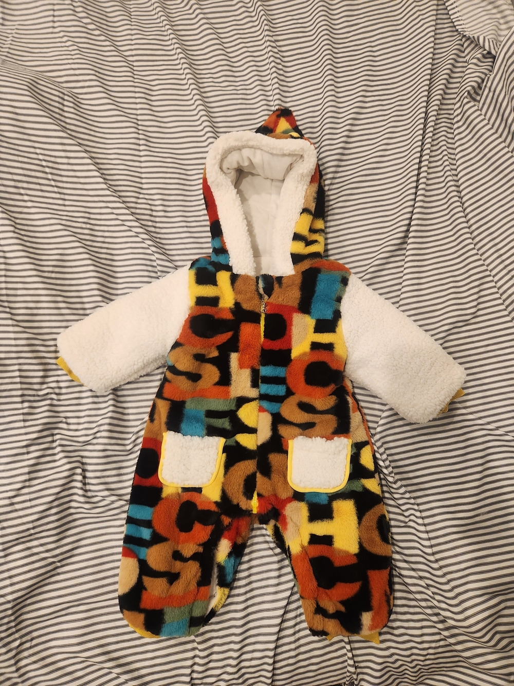 Colorful Letter-Print Sherpa Infant Hooded Onesie
